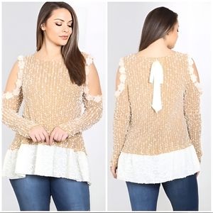 Floral Lace Sweater with Cut Out Sleeves Ribbon Back